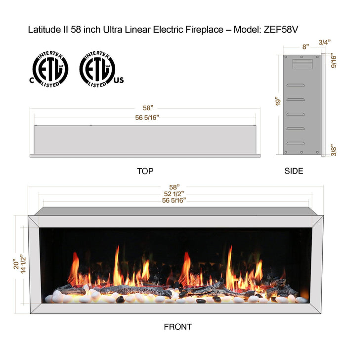 Litedeer Latitude II 58" Wall Mounted Electric Fireplace with App - ZEF58V,Black - Litedeer Homes