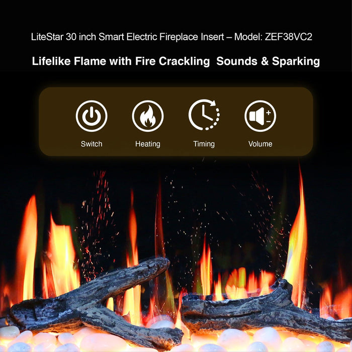 LiteStar 30" Smart Electric Fireplace Insert with App Diamond-like Crystal (ZEF38VC-30C) - Litedeer Homes