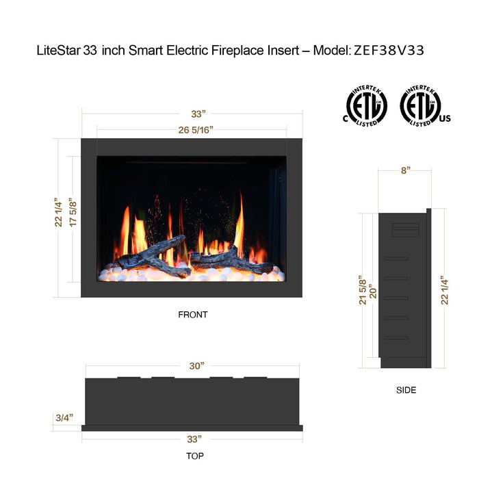 LiteStar 33" Smart Electric Fireplace Insert with App Reflective Amber Glass, Crackling Sounds (Model: ZEF38VC-33A), Black - Litedeer Homes