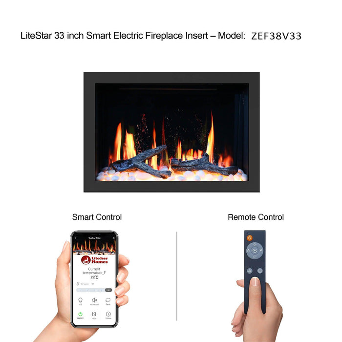 LiteStar 33" Smart Electric Fireplace Insert with App Reflective Amber Glass, Crackling Sounds (Model: ZEF38VC-33A), Black - Litedeer Homes
