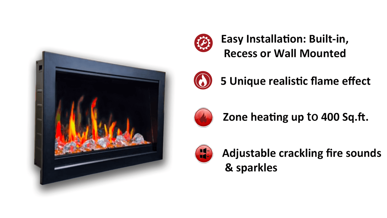 LiteStar 38-in Wall Mounted Electric Fireplace Insert with Smart App 5 Unique Flame Crackling Sounds - ZEF38VC,Black - Litedeer Homes