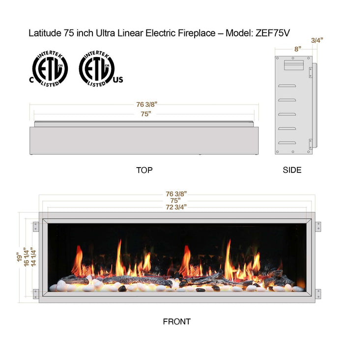 Litedeer Latitude 75" Smart Built-in Linear Electric Fireplace with App Crackling Sounds - ZEF75V,Black - Litedeer Homes
